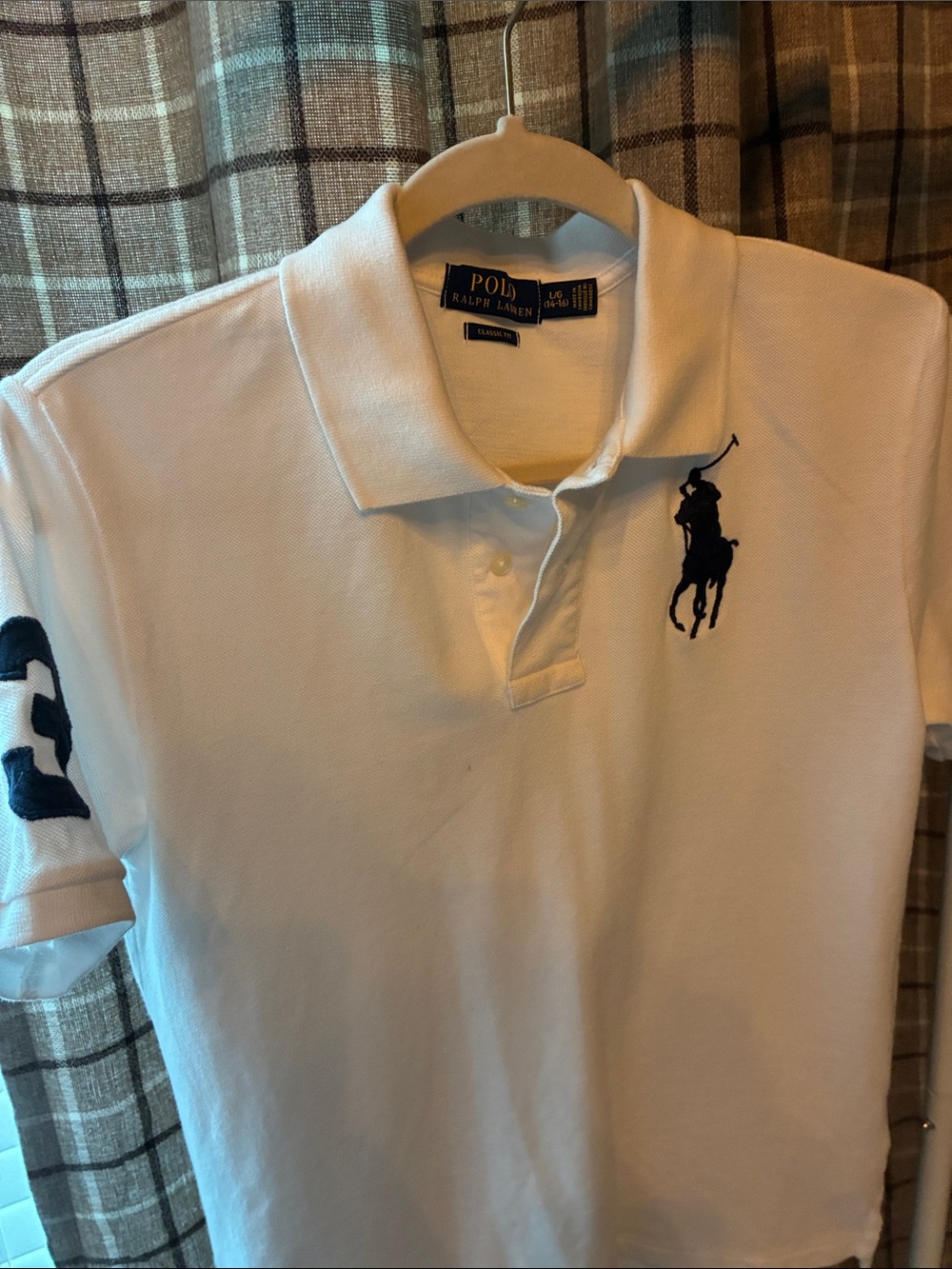 Polo by Ralph Lauren White Polo with Navy Logo and Sleeve Number